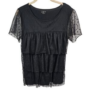 LOFT Outlet Black Cotton and Lace Tiered Mesh Top Women's Small